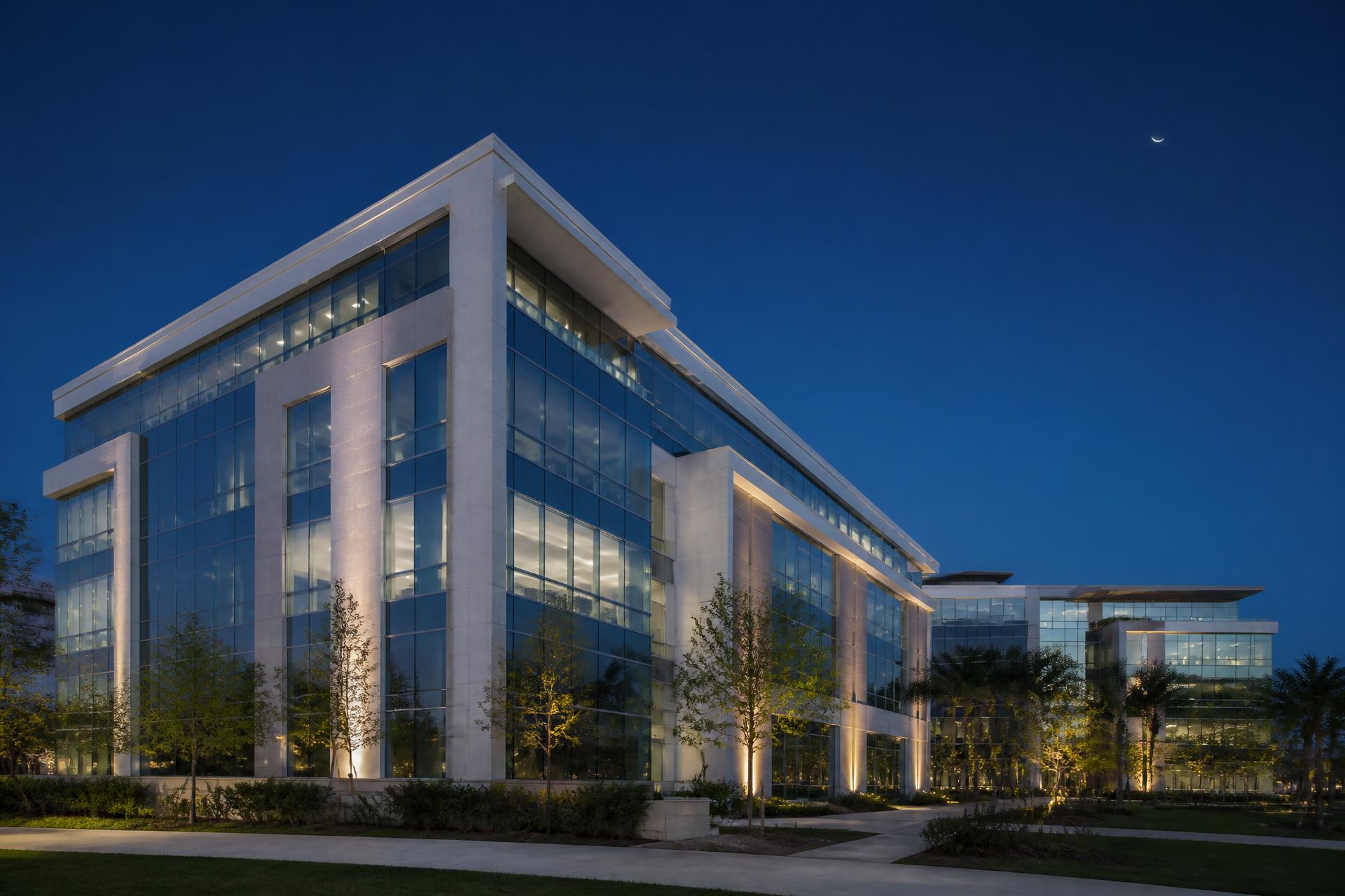 Modern Orlando commercial office building photographed at blue hour